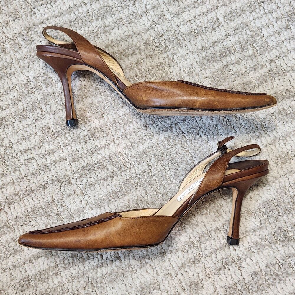 Jimmy Choo women's point toe slingback leather heels brown size 37 IT or 7 US - Picture 6 of 10